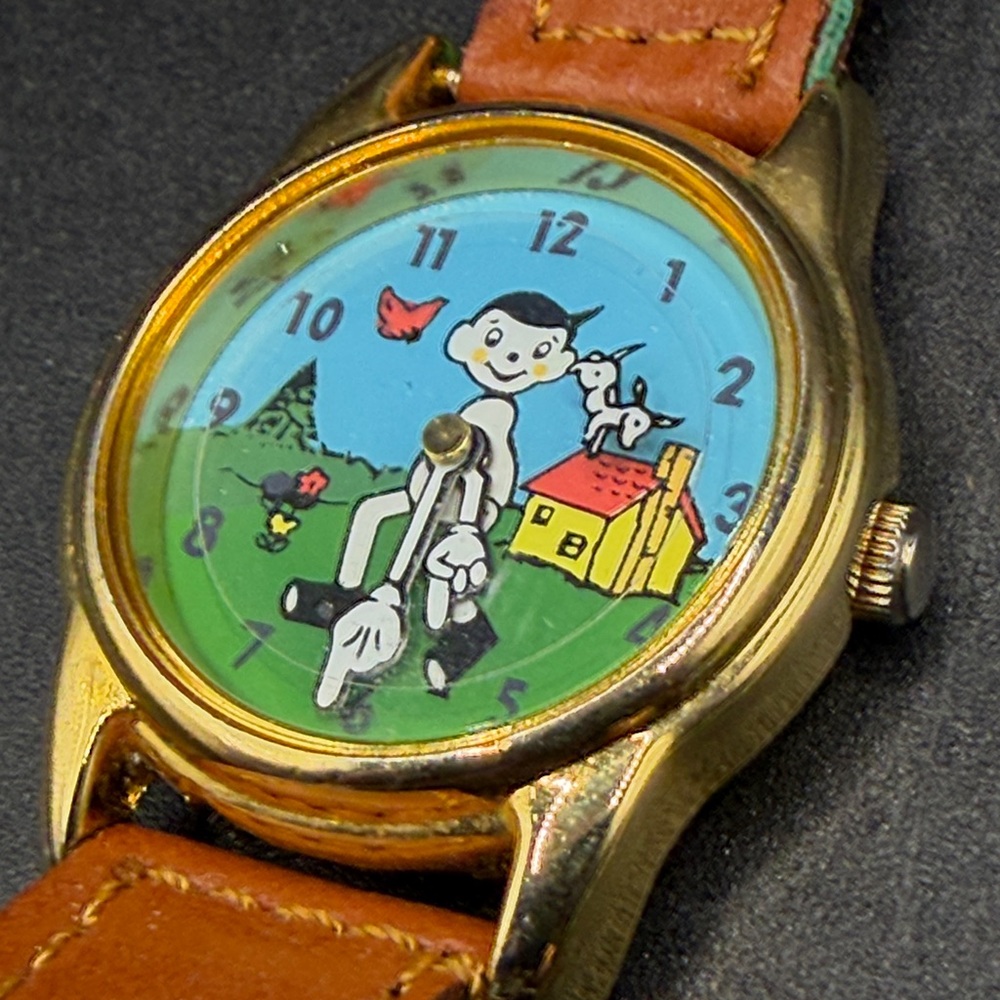 Vintage On Time Goldtone Pinnochio & Dog Watch Green Fabric Band Untested